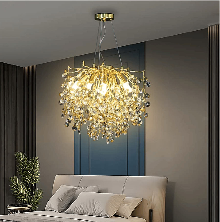 ثريا مودرن تصميم بلمسه ذهبيه شفاف عسلي إضاءة راقيه E14 6L قطر 45 سم
