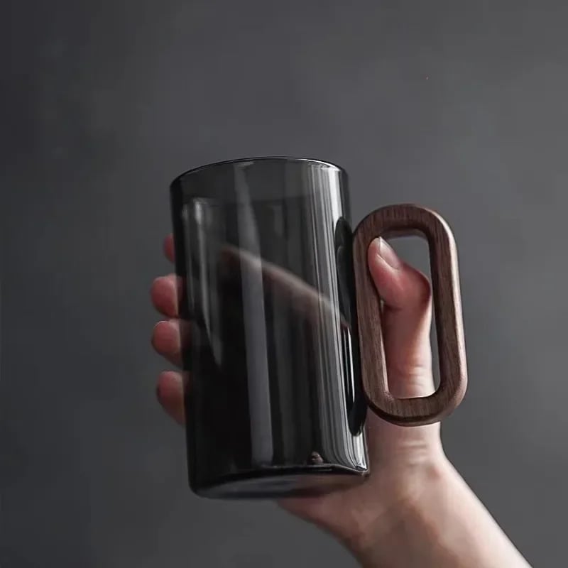 كوب شاي زجاجي 360ML بمقبض خشبي