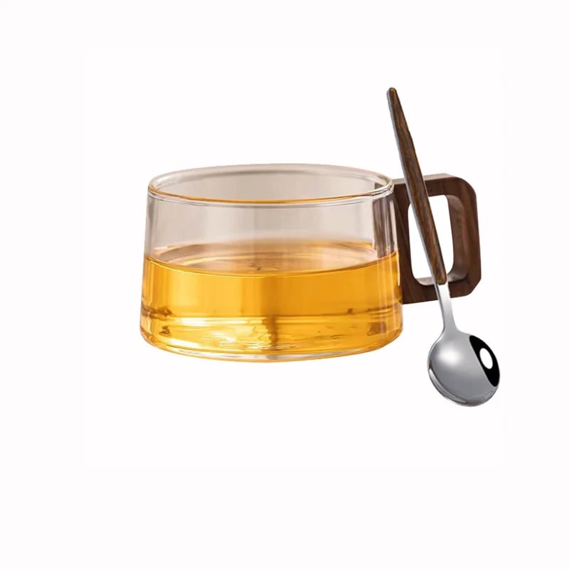 كوب قهوة زجاجي 200ML مع صحن خشبي وملعقة