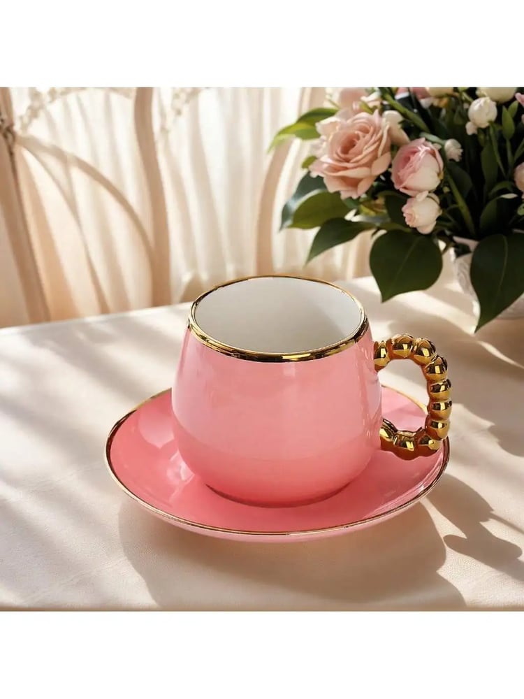 طقم كوب وصحون سيراميك بحافة ذهبية 250ML