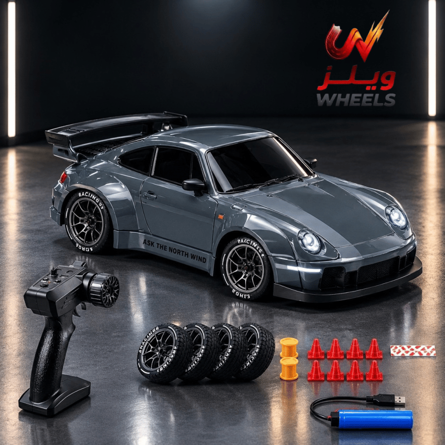 سيارة بورشه 911 RC درفت 4WD 1:24 – سرعة 20 كم/س مع إطارات إضافية