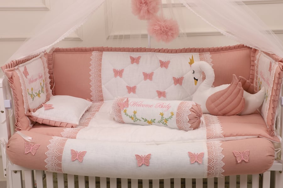 Baby bed sheet 11 pieces with butterfly embroidery, linen fabric, size 120*60