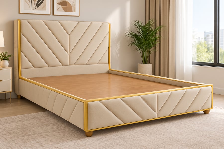 سرير خشب تايلندي بتصميم هندسي وإطار ذهبي بدون مرتبة