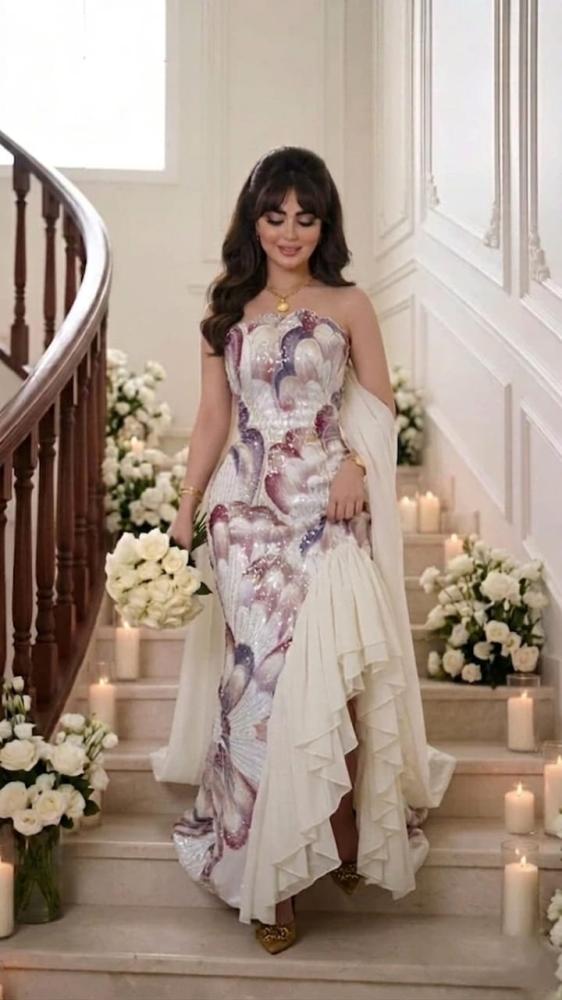 Evening dress double flared decorated with colorful embroidery with side layers