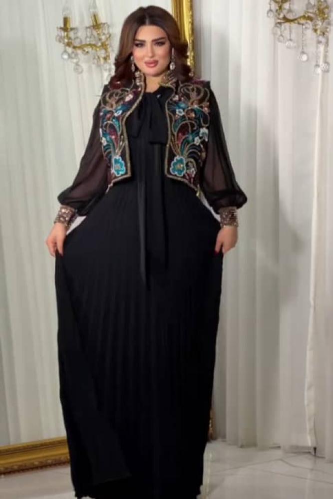فستان سهرة أنيق شيفون كسرات جورجيت تطريز يدوي راقي