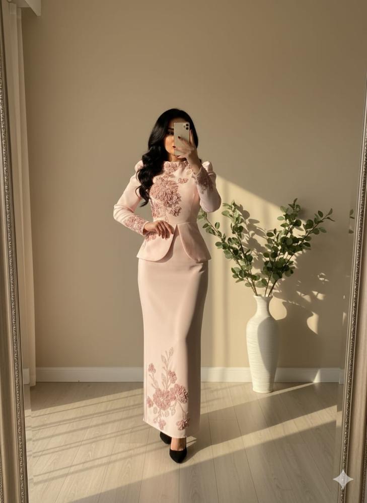 Elegant evening dress made of luxurious Barbie fabric with elegant floral embroidery