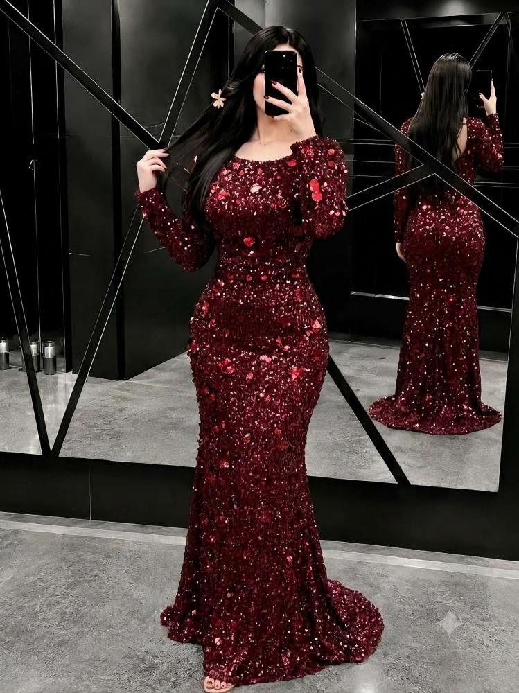 فستان سهرة برغندي كلفه ترتر لمعه مبطن