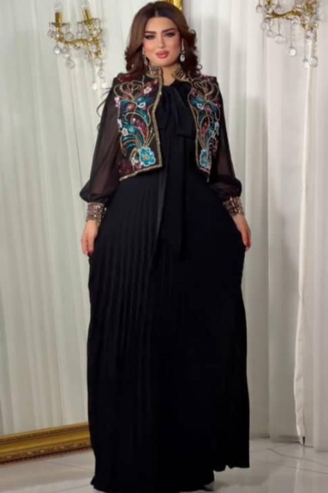 فستان سهرة أنيق شيفون كسرات جورجيت تطريز يدوي راقي