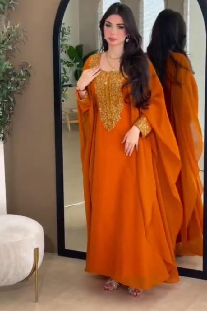 جلابية سهرة اورانج شيفون جورجيت تطريز يدوي فاخر