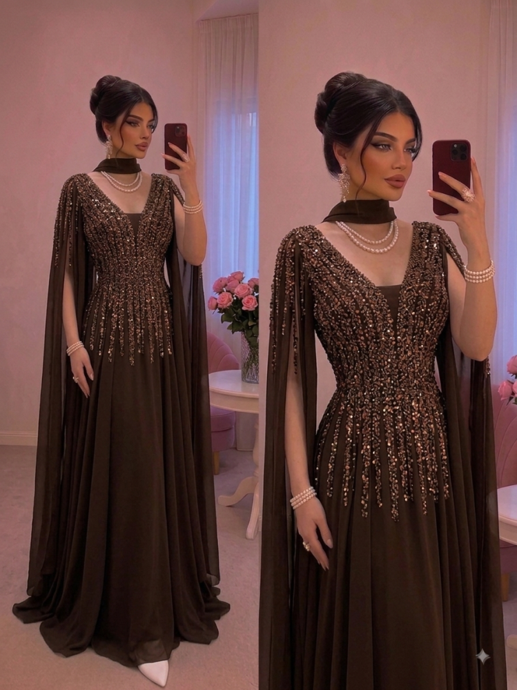 فستان بني شيفون شك سهرة دبل كلوش