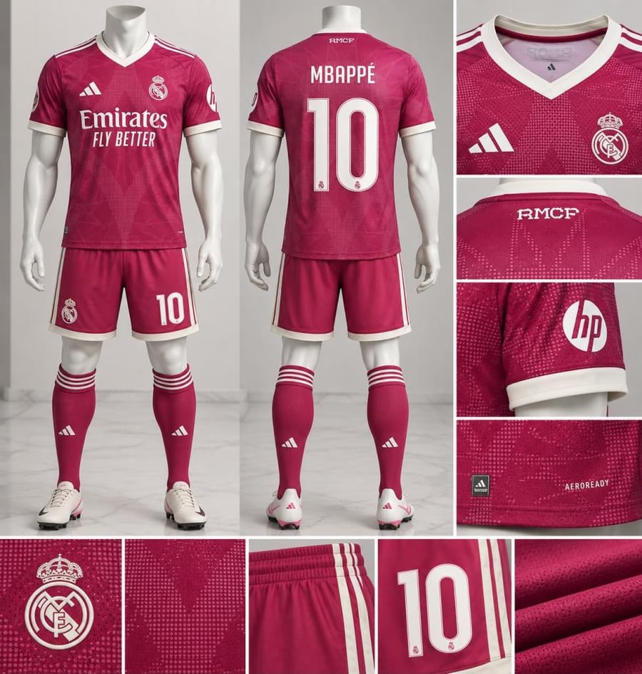 طقم ريال مدريد باللون العنابي/الأحمر الداكن