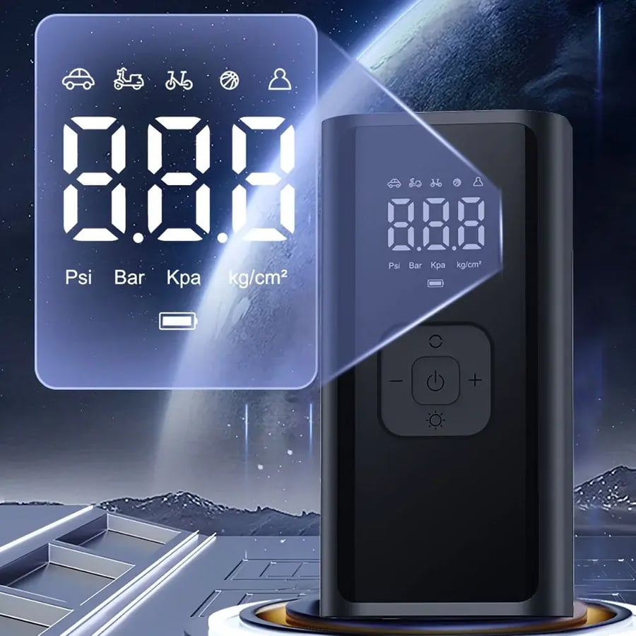 مضخة هواء محمولة للإطارات لاسلكية مع مقياس ضغط رقمي وإضاءة LED