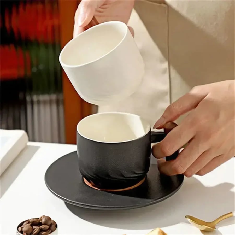 كوب سيراميك ياباني 130ML مع صحن ومقبض خشبي