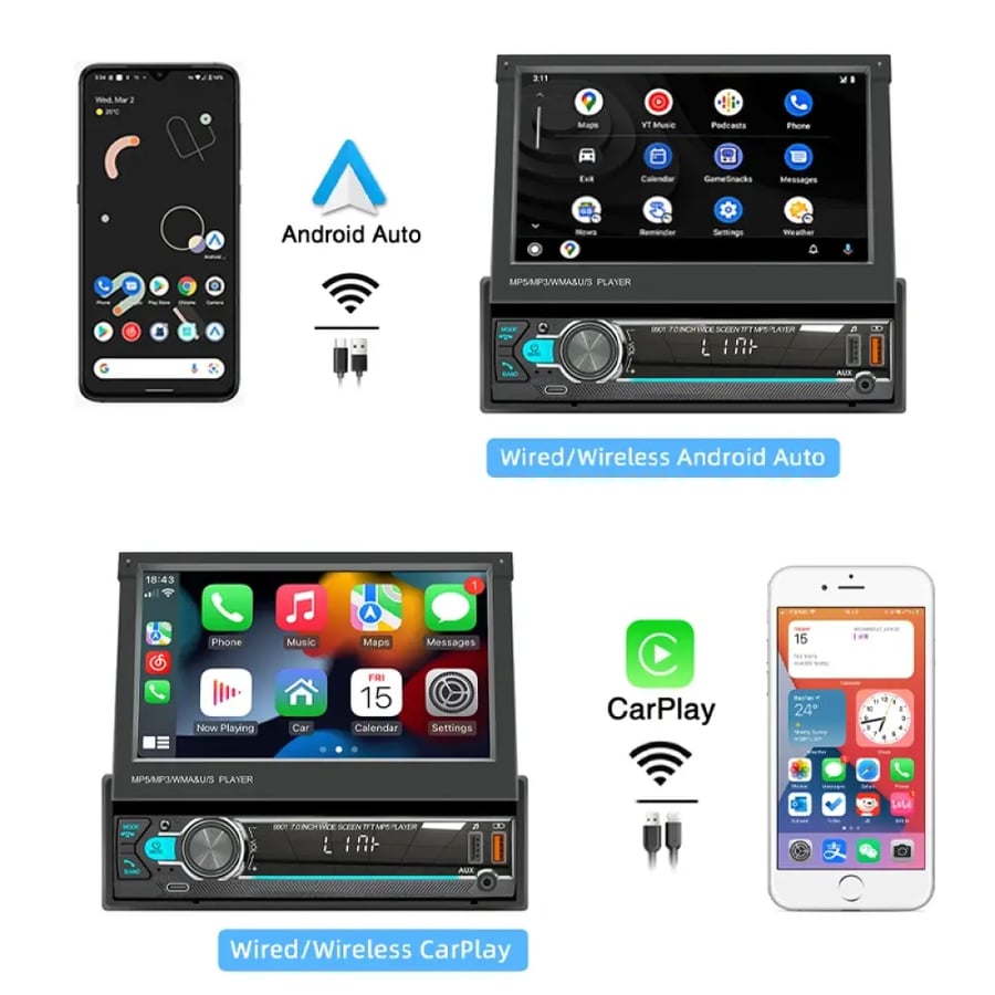 راديو سيارة 7” بشاشة قابلة للسحب مع CarPlay وAndroid Auto