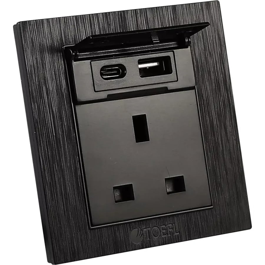 فيش ثلاثي مع منفذ يو اس بي USB مع تايب سي TYPE C لون اسود حج