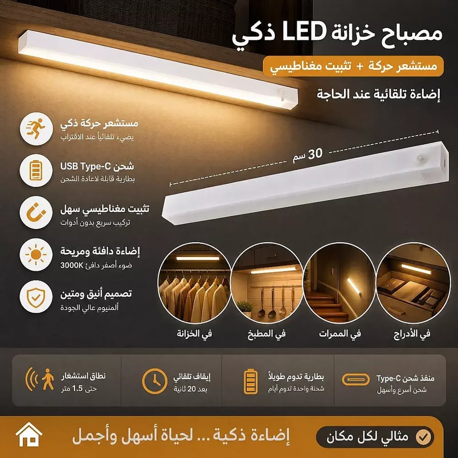 مصباح خزانة LED ذكي يعمل بالبطارية مستشعر حركة تثبيت مغناطيس