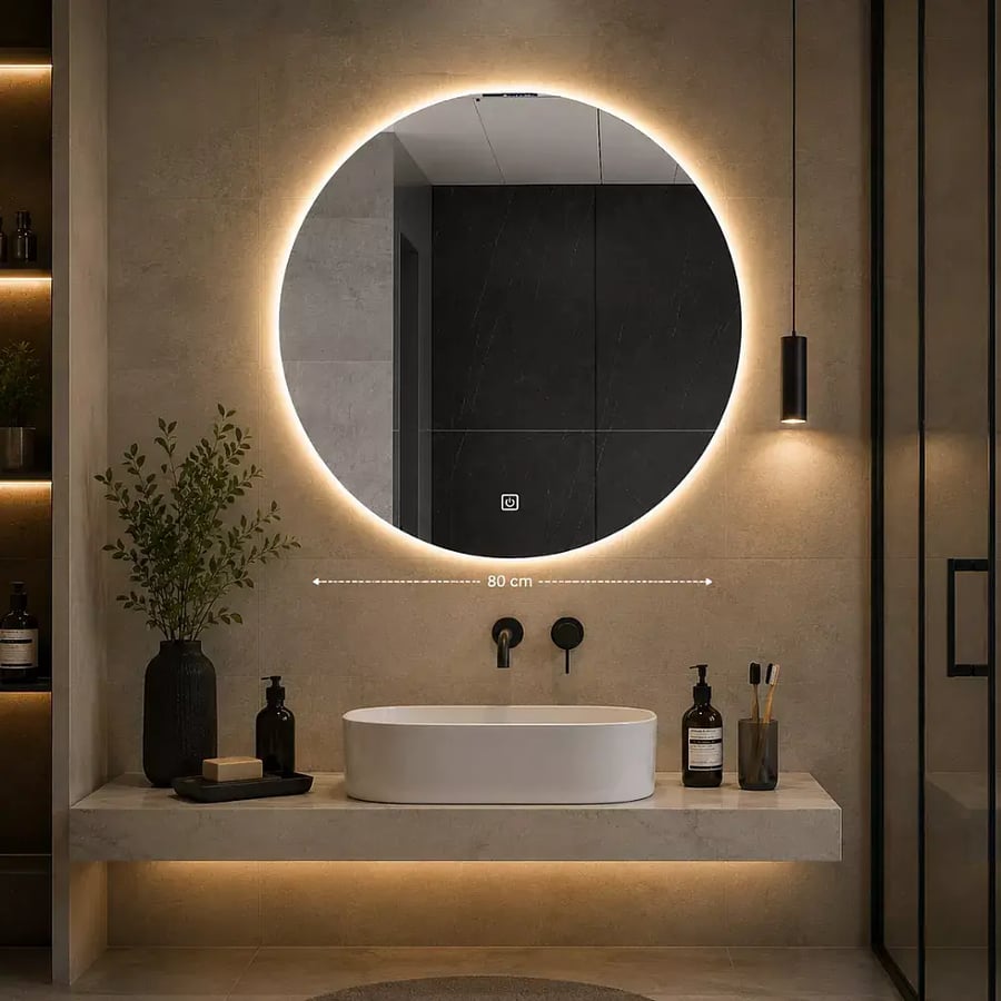 مرآة دائرية بدون اطار بإضاءة 3 اضاءات LED مفتاح لمس 80 80 سم