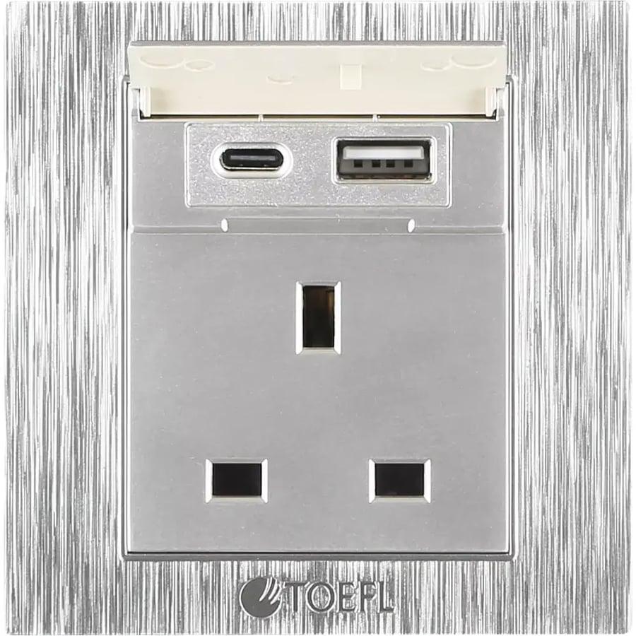 فيش ثلاثي مع منفذ يو اس بي USB مع تايب سي TYPE C لون فضي توف