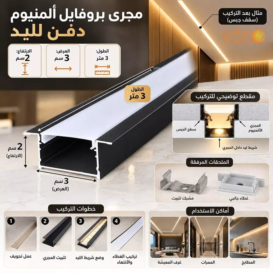 مجرى بروفايل المنيوم اسود دفن طول 3 متر 3 سم عرض ارتفاع 2 سم