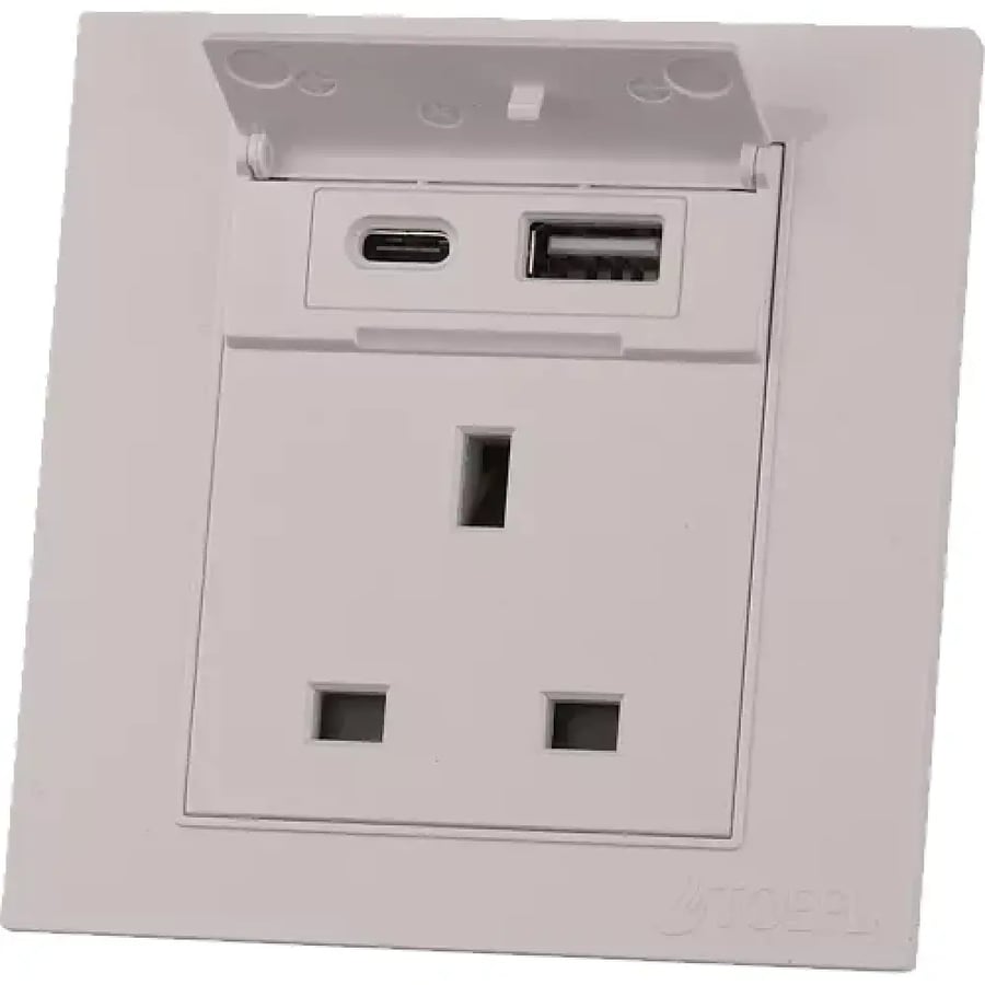 فيش ثلاثي مع منفذ يو اس بي USB مع تايب سي TYPE C لون ابيض سا