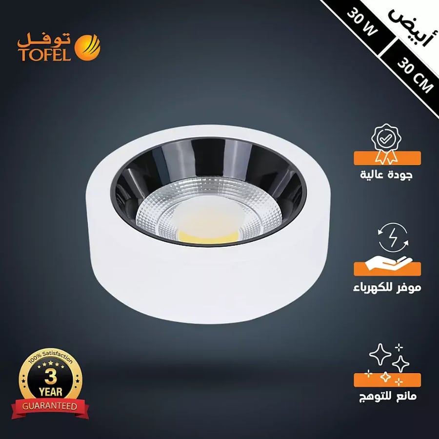 كشاف لطش COB مانع للتوهج لون الانارة ابيض 30 سم 30 واط توفل