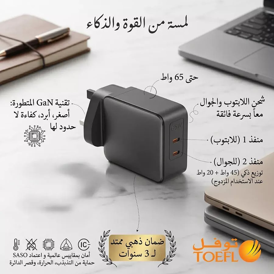 شاحن جداري منفذين TYPE C بقوة 65 واط و تقنية GaN توفل ضمان 3
