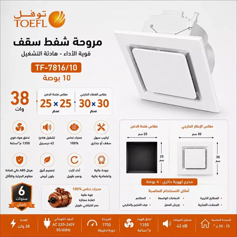 مروحة شفط ابيض سقف مربع شبك 10 بوصه مقاس الدفن 25 25 سم اطار