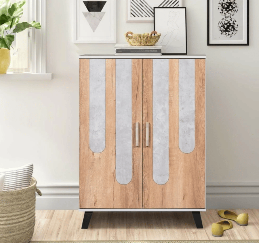 خزانة أحذية خشبية بابين لون رصاصي وخشبي تصميم عصري