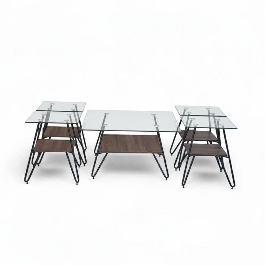 Set of 5 wooden tables with modern glass
