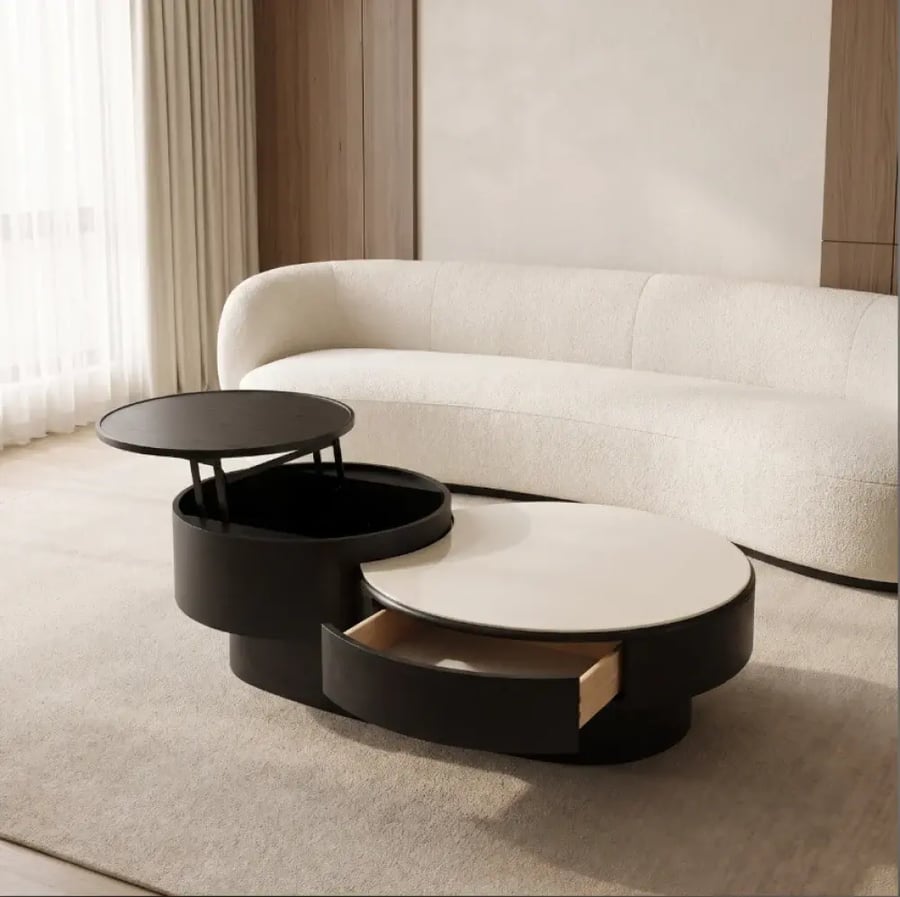 طاولة قهوة مودرن بتصميم متداخل وسطح رخامي – 37×122 سم