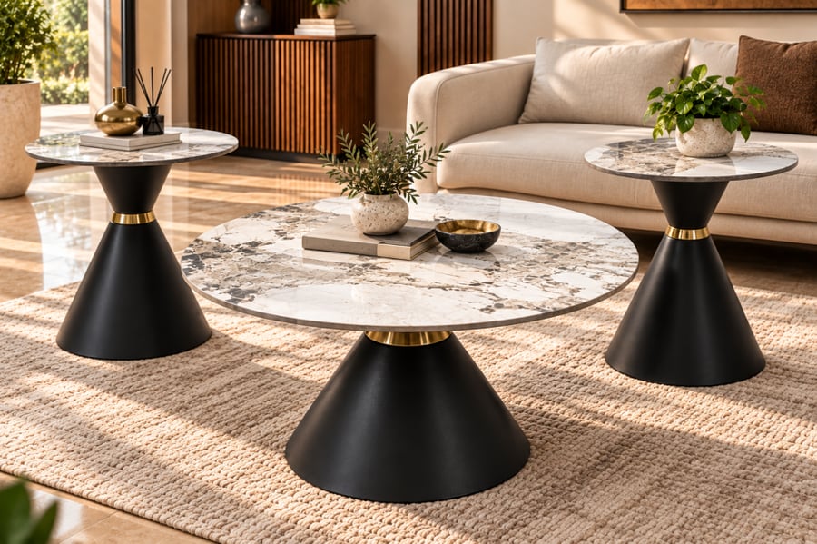 طقم طاولات شاي دائري أبيض وأسود بلمسة ذهبية 3 قطع