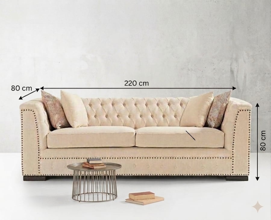 كنبة ثلاثي مقاعد بيج مودرن 220×80×80 سم | خشب سويدي وMDF تايلاندي وكتان فاخر | كنب غرف معيشة وصالات في السعودية
