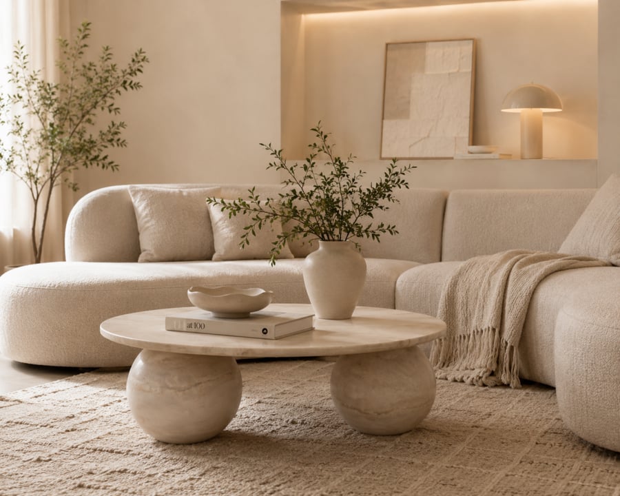 EtherealEdge Marble coffee table with a natural travertine surface and stone bases