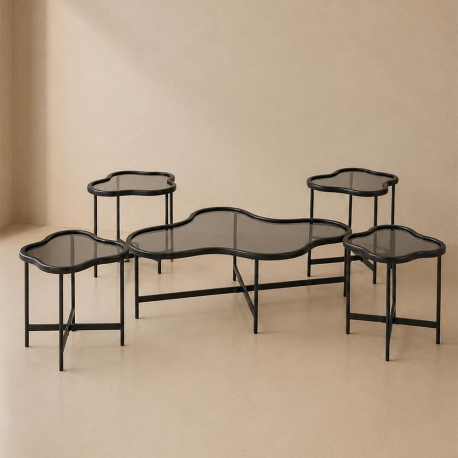 Set of 5 tables with wavy design, wooden frame, and distinctive glass