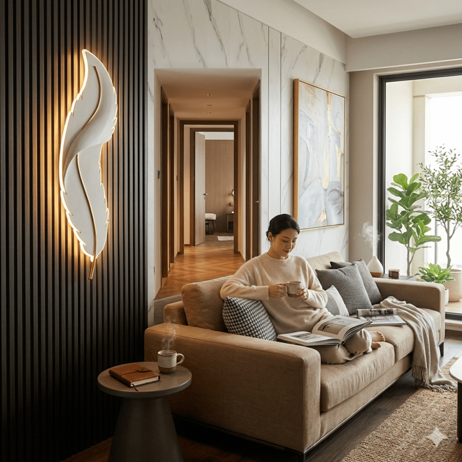 ابليك جداري ريش أبيض LED مودرن بإضاءة صفراء 3000K مقاس 62×16 سم