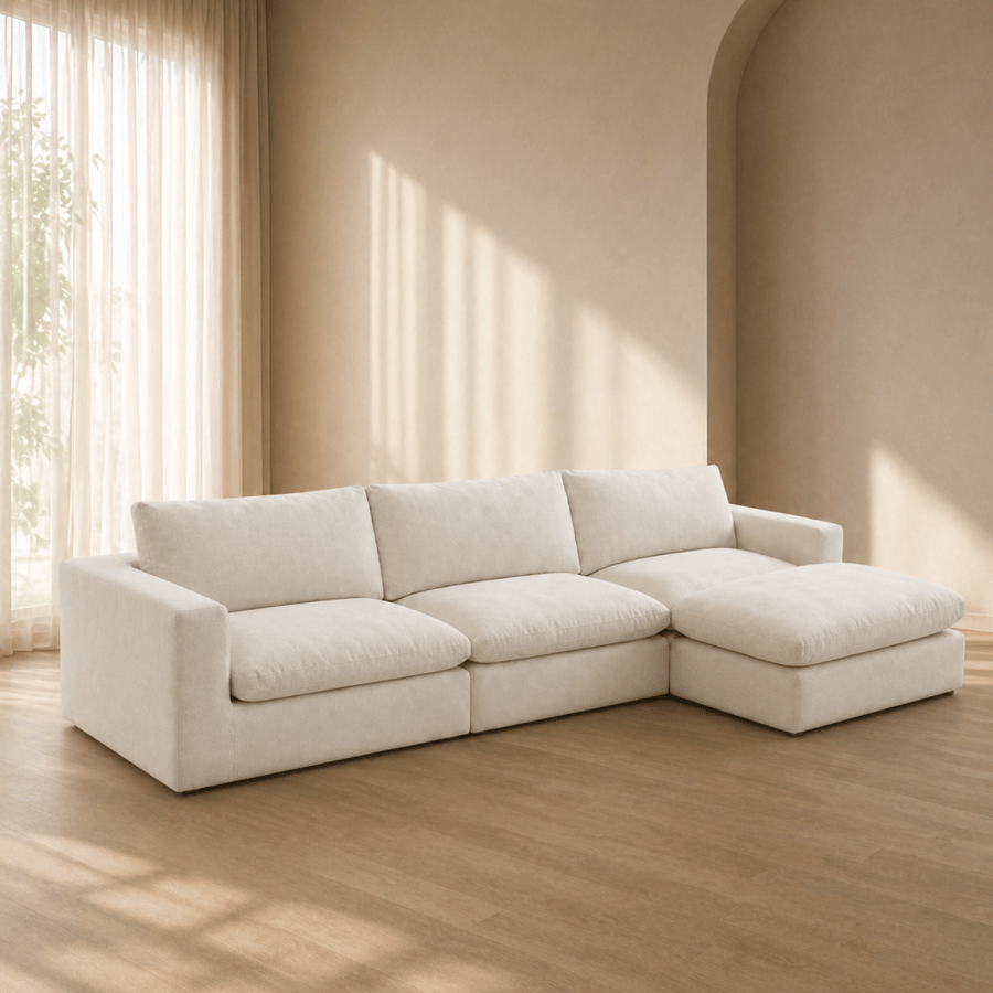 Large modern corner sofa fabric velvet beige color - practical comfortable design with a touch of luxury for the living room