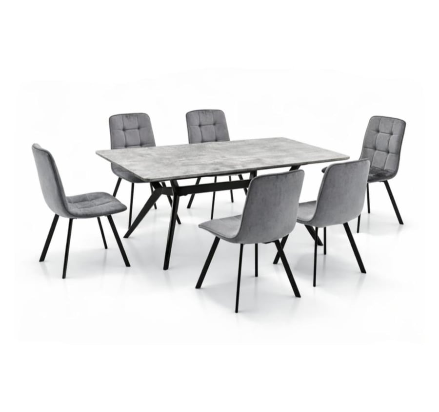 Wood dining table with 6 velvet chairs in multiple colors – luxurious comfort and an ideal seating experience