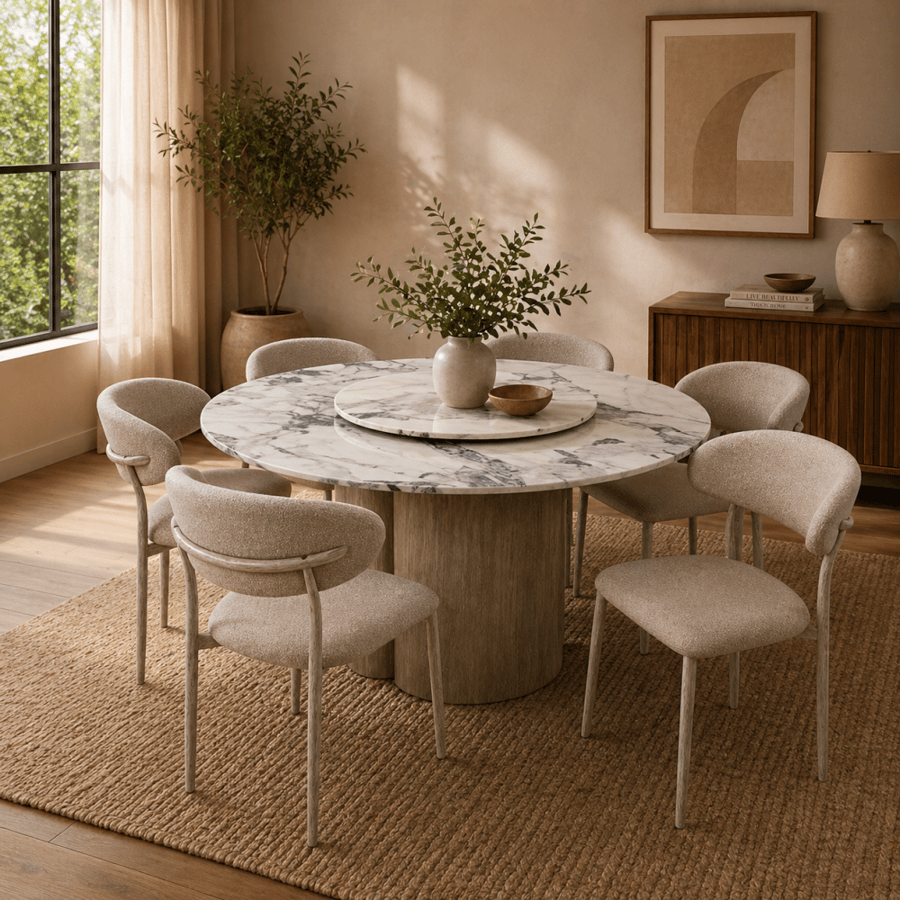 طاولة طعام دائرية رخام مع 6 كراسي قماش – بيج - 135×77 سم