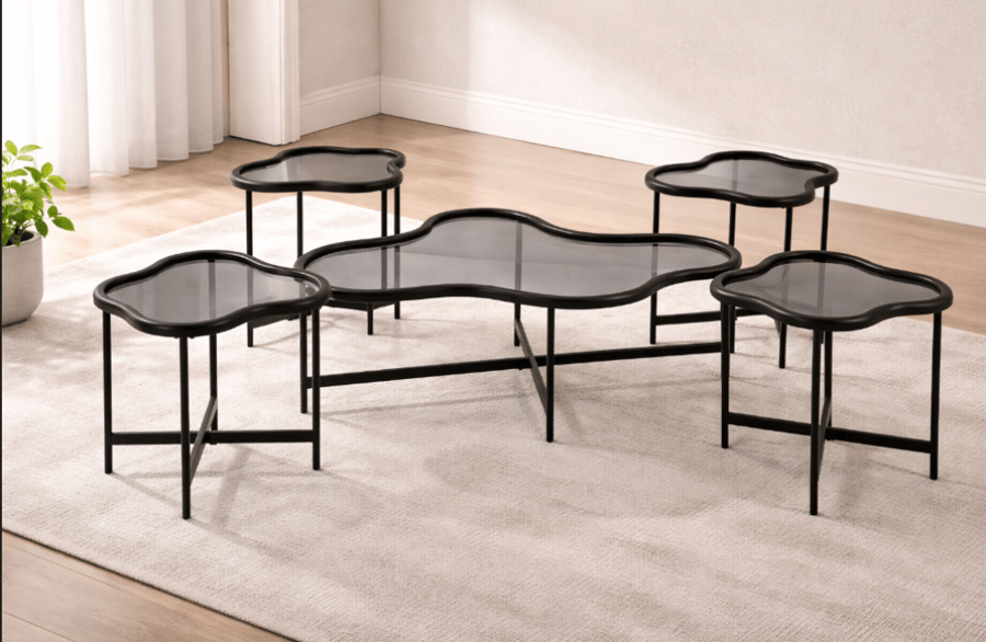 Set of 5 tables with wavy design, wooden frame, and distinctive glass