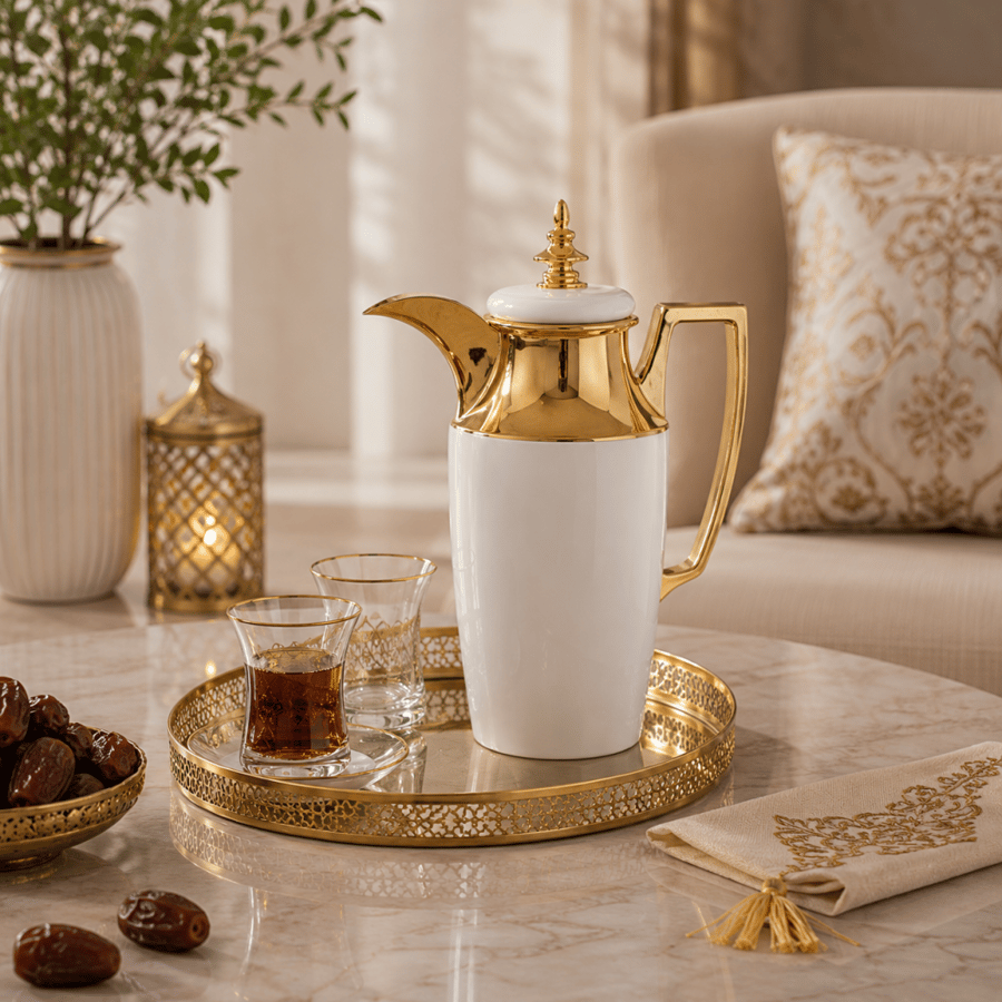 ترمس الضيافة الأبيض الفاخر بلمسه ذهبيه