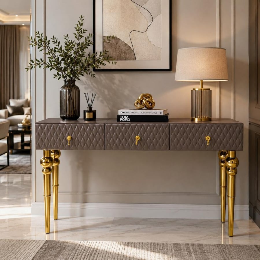 كونسول مدخل خشب فاخر بثلاثة أدراج وأرجل ذهبية - رمادي