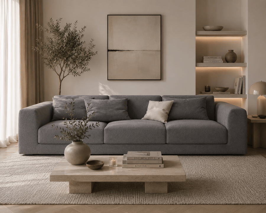 كنبة ثنائية مريحة كتان رمادي وخشب سويدي - 220×80×90 سم