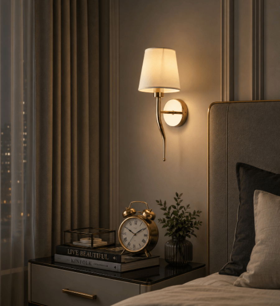 Golden wall lamp with fabric shade – classic and elegant design