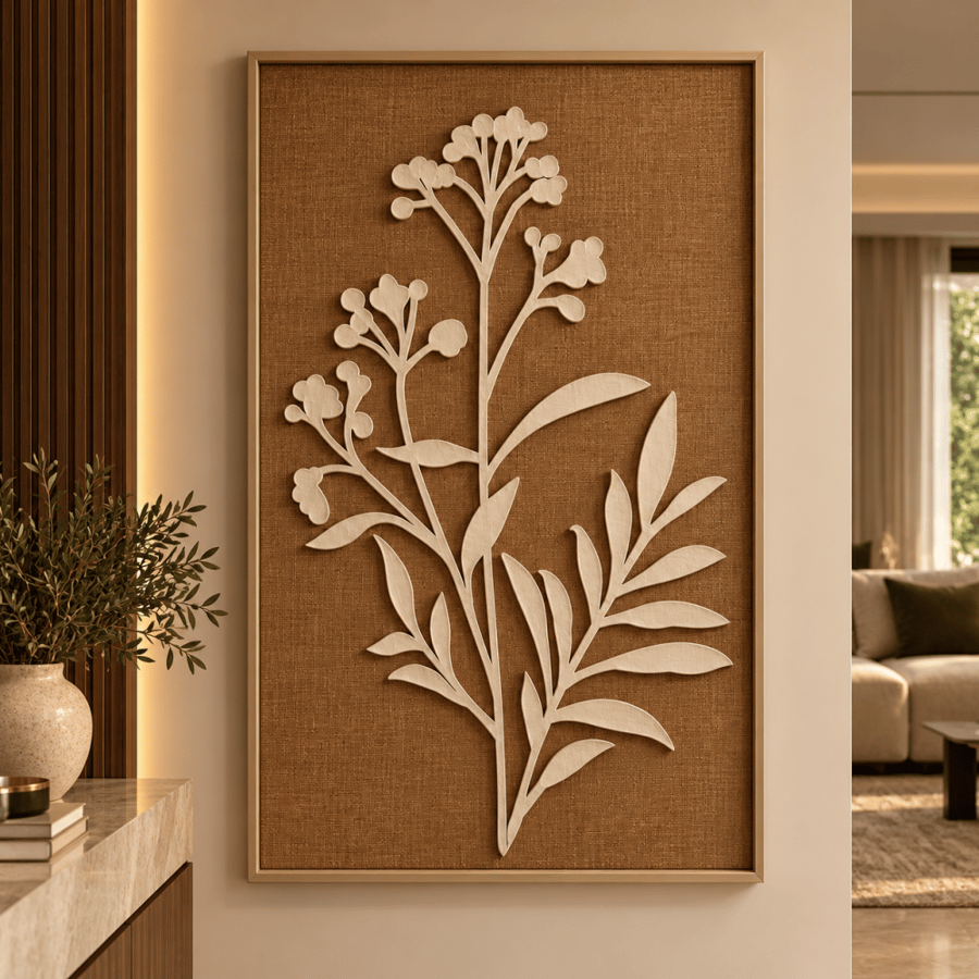لوحة فنية جدارية بني وبيج بتصميم نباتي بارز 120×80 سم