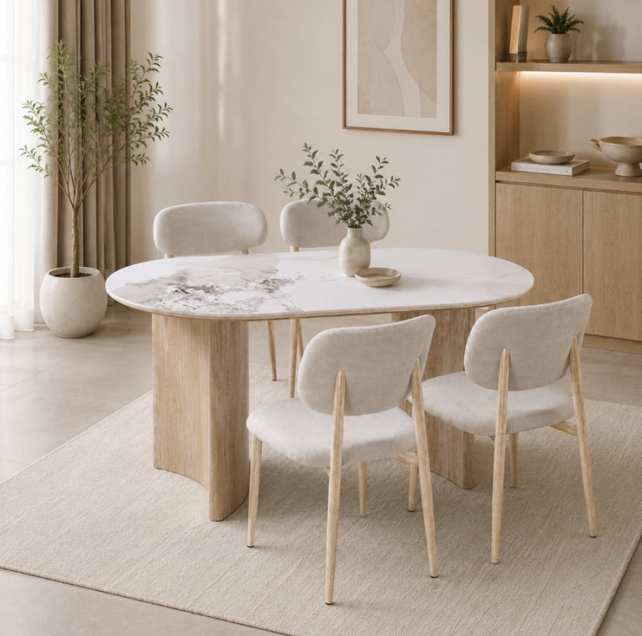 طاولة طعام سيراميك مع 4 كراسي مودرن 150×90 سم | أبيض وخشبي