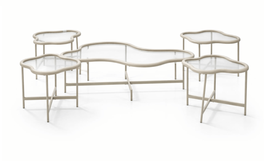 Set of 5 tables with wavy design, wooden frame, and distinctive glass