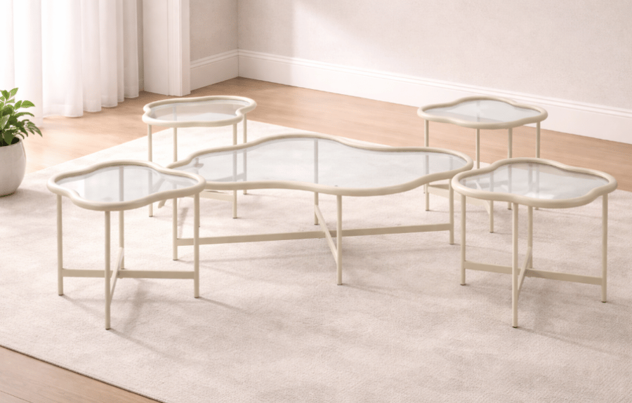 Set of 5 tables with wavy design, wooden frame, and distinctive glass