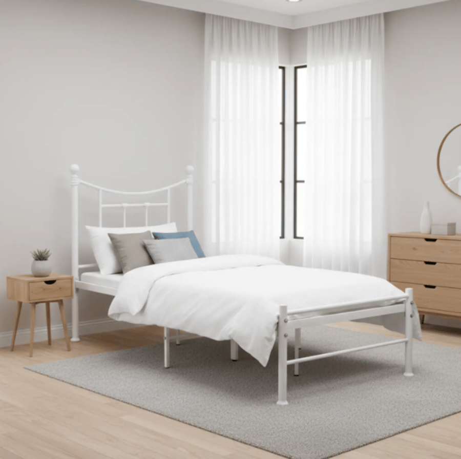سرير حديد مفرد أبيض سم بتصميم عصري وهيكل معدني متين