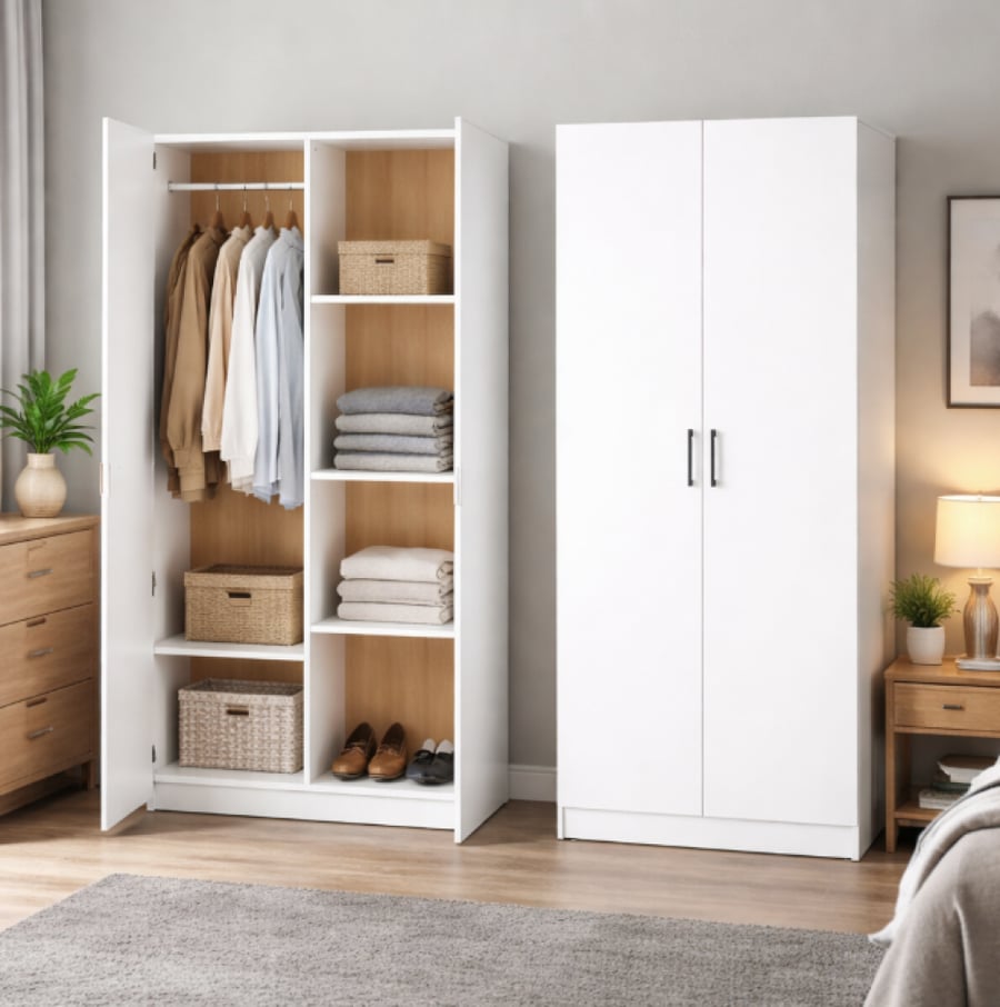 White clothes wardrobe with two doors, practical design, and smart internal division for organizing clothes