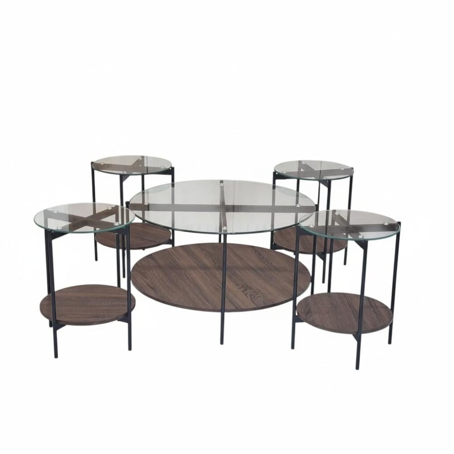 Set of 5 wooden tables with modern glass